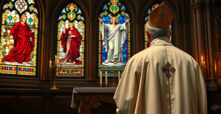 Ksiądz w tradycyjnym ubiorze stojący przed witrażem Chrystusa Króla, symbolizujący prawdziwą wiarę katolicką i odrzucenie modernistycznej rewolucji w katechezie