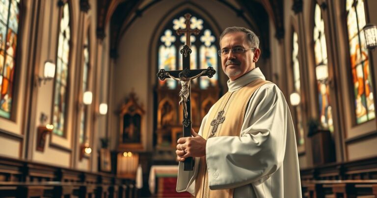 Tradycyjny katolicki kapłan w liturgicznych szatach, trzymający krucyfiks w sakralnym wnętrzu kościoła, wyraz powagi i wiary, pod światłem witraży, symboliczny obraz katolickiej pobożności.