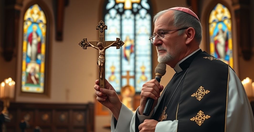 Tradycyjny katolicki obraz kapłana z krzyżem w świątyni Szlachetny obraz kapłana w tradycyjnym stroju, trzymającego krzyż w kościele, symbolizujący prawdziwą katolicką wiarę i konieczność panowania Chrystusa dla prawdziwego pokoju.