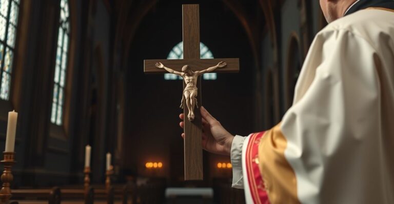 Siedzący kapłan trzymający krzyż podczas liturgii w tradycyjnym Kościele katolickim, symbolicznie podkreślający odrzucenie nowoczesnych reform liturgicznych
