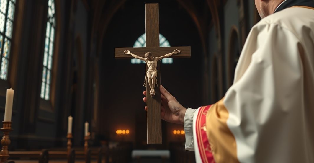 Tradycyjny kapłan z krzyżem podczas Mszy w duchu katolickim Siedzący kapłan trzymający krzyż podczas liturgii w tradycyjnym Kościele katolickim, symbolicznie podkreślający odrzucenie nowoczesnych reform liturgicznych