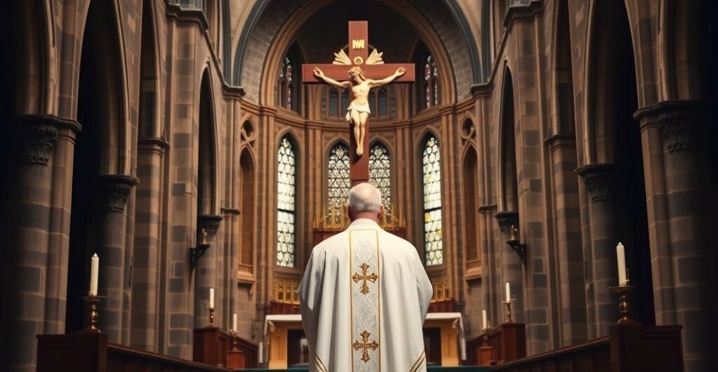 Rekreacja kapłańskiej sceny w tradycyjnej katolickiej świątyni, symbolizująca prawdziwe nauki Kościoła i sprzeciw wobec modernistycznych herezji