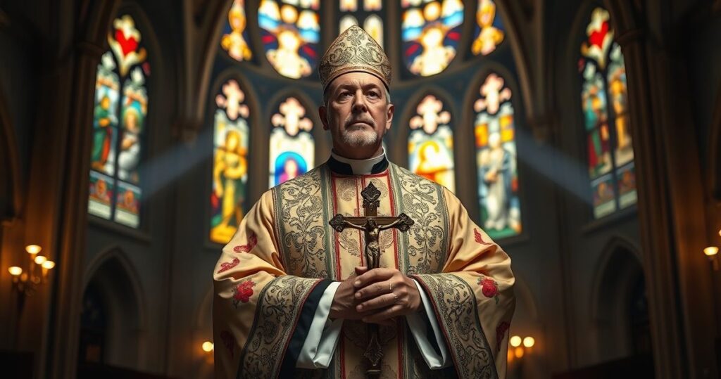 Kapłan w liturgicznych szatach w starej katedrze, trzymający krucyfiks, ukazujący prawdziwą katolicką pobożność i sprzeciw wobec nowoczesnych odchyleń