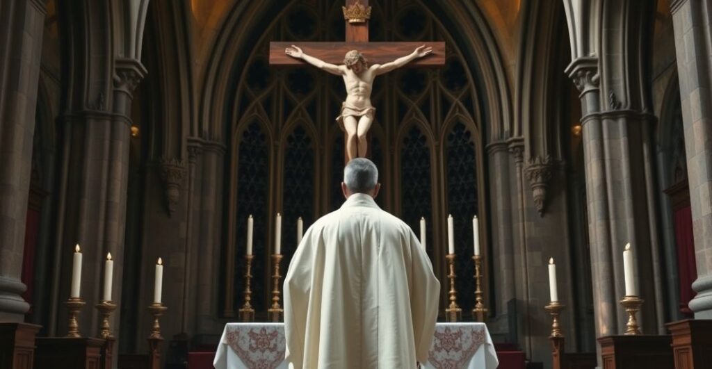 Kapłan w tradycyjnych szatach przed krzyżem, wyraz głębokiej religijnej powagi i czci, symbolizujący sprzeciw wobec modernistycznej reinterpretacji Krzyża