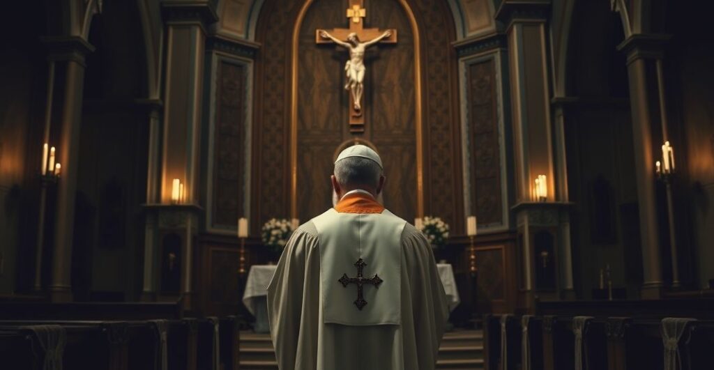Reverent Catholic priest w liturgii tradycyjnej, ukazany w kościele podczas liturgii, wyraz skupienia i szacunku dla sakramentu, w tradycyjnych szatach, symbolizujący prawdziwą wiarę przeciw modernistycznym tendencjom
