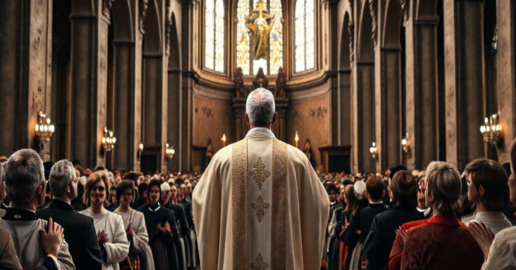 Kapłan w tradycyjnym stroju katolickim prowadzący wiernych w poważnej mszy w klasycznym kościele, ukazujący tradycyjną atmosferę katolicką z szacunkiem dla hierarchii i liturgii