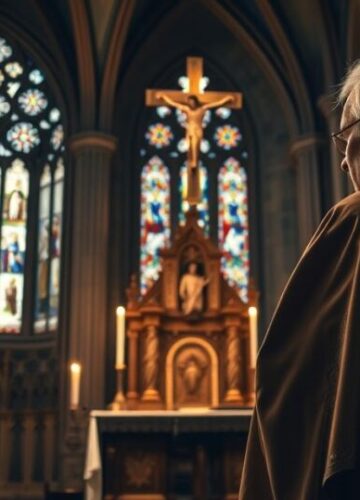 Tradycyjny kapłan podczas liturgii w katolickim kościele Realistyczny obraz starszego kapłana w tradycyjnych szatach przy ołtarzu w cerkwi katolickiej, symbolizujący pobożność i wierność tradycji.