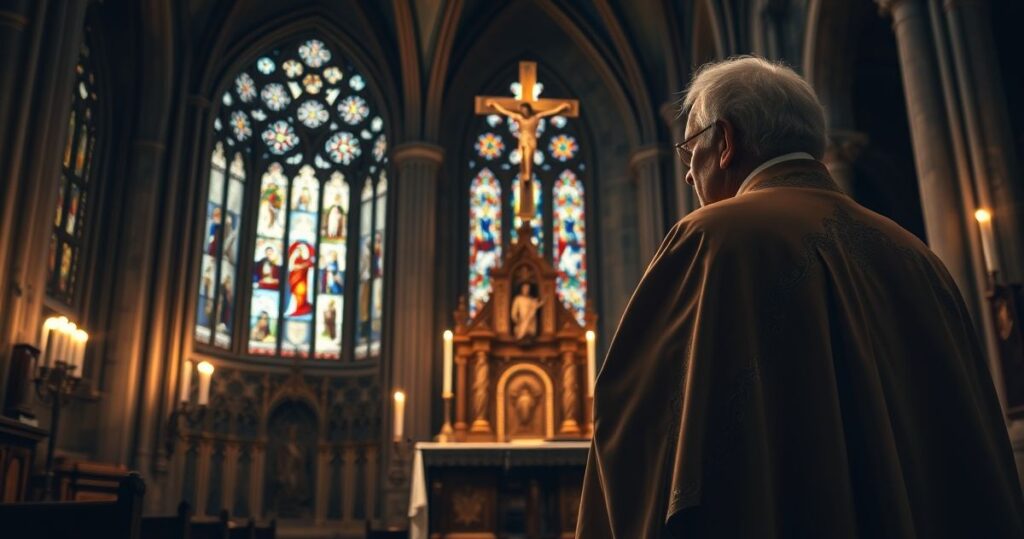 Realistyczny obraz starszego kapłana w tradycyjnych szatach przy ołtarzu w cerkwi katolickiej, symbolizujący pobożność i wierność tradycji.