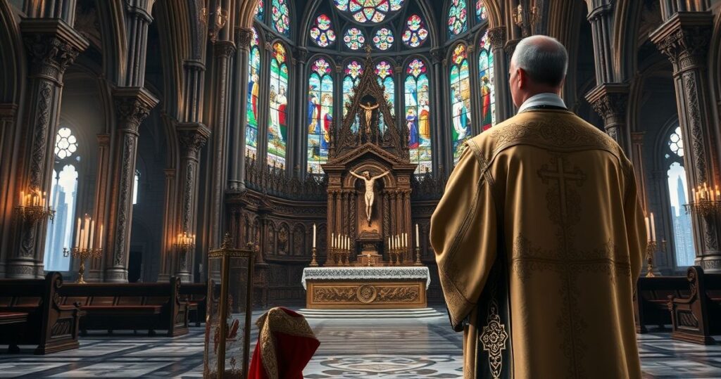 Reprodukcja kapłana w tradycyjnych szatach katolickich podczas liturgii w starym kościele, symbolizująca wierność katolickiej nauce i sprzeciw wobec współczesnych ataków na Kościół