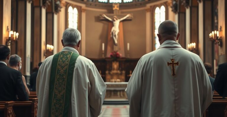 Tradycyjny katolicki duchowny w czasie liturgii w świętym kościele, wyraz pobożności i ortodoksji