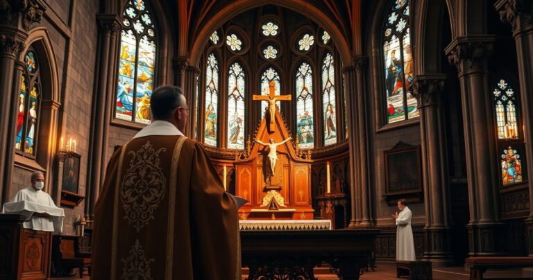 Realistyczny obraz starszego kapłana w tradycyjnym stroju podczas liturgii w klasycznym kościele, ukazujący wierność tradycji katolickiej i krytykę reform post-Vatican II