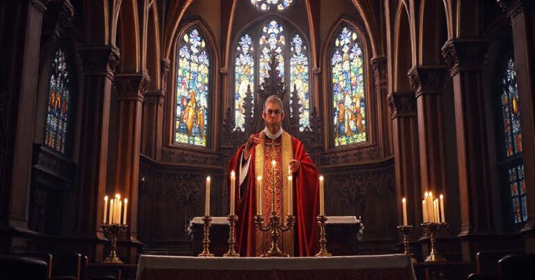 Religijny obraz tradycyjnego kapłana w liturgii Mszy św., w autentycznym katolickim kościele, ukazujący pobożność i powagę sakramentu, w duchu katolickiej tradycji