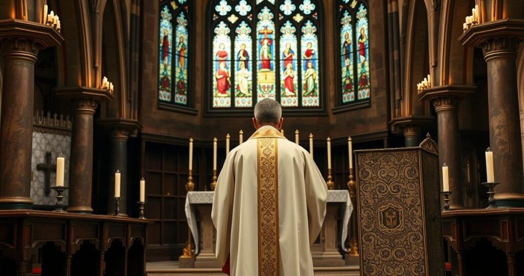 Zdjęcie tradycyjnego katolickiego kapłana w liturgicznym stroju przed ołtarzem w starym kościele, podkreślające powagę i autentyczność katolickiej tradycji.