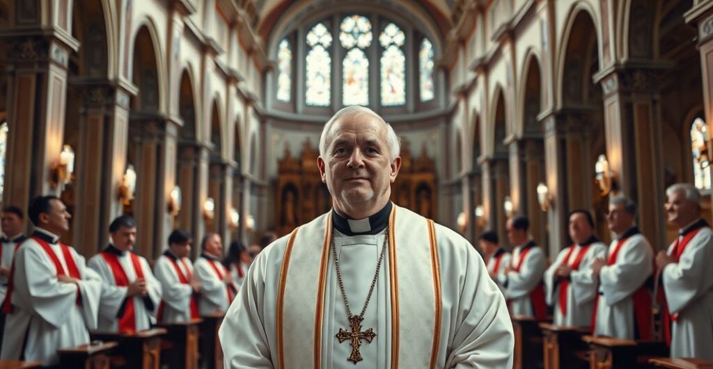 Rekolekcja katolicka w tradycyjnej świątyni, kapłan w liturgii, odwołanie do wiernej tradycji wobec kryzysu kościoła.