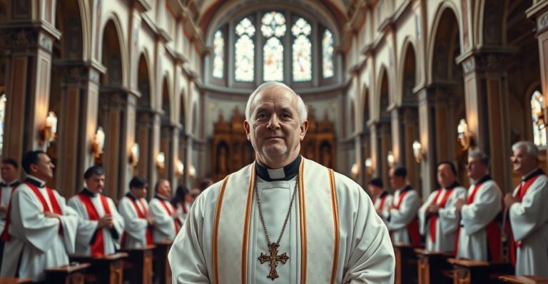 Rekolekcja katolicka w tradycyjnej świątyni, kapłan w liturgii, odwołanie do wiernej tradycji wobec kryzysu kościoła.