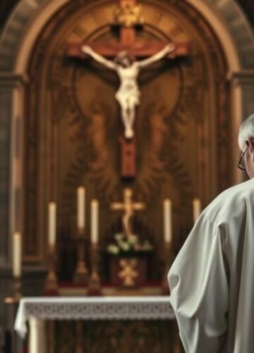 Tradycyjny katolicki kapłan przed ołtarzem - refleksja nad męczeństwem Kapłan w tradycyjnej sukni przed ołtarzem, refleksja nad męczeństwem w katolickim kościele, poważna i duchowa atmosfera