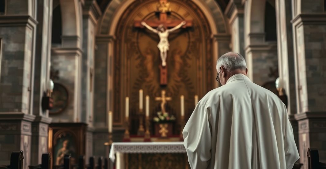 Tradycyjny katolicki kapłan przed ołtarzem - refleksja nad męczeństwem Kapłan w tradycyjnej sukni przed ołtarzem, refleksja nad męczeństwem w katolickim kościele, poważna i duchowa atmosfera