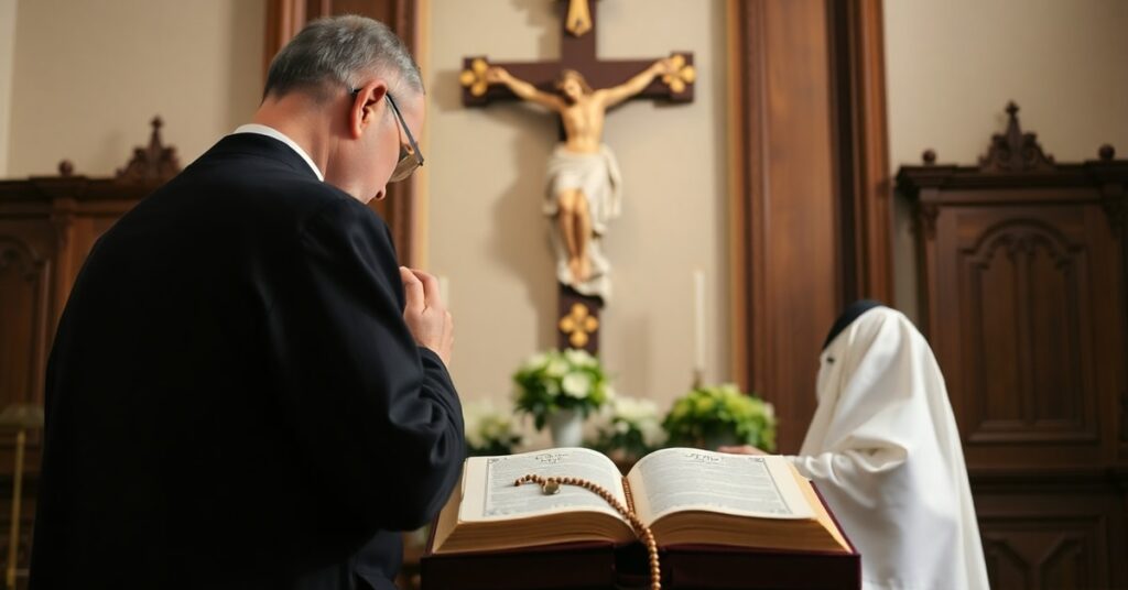 Tradycyjny kapłan modlący się przed krzyżem z brewiarzem i różańcem na drewnianym ołtarzu