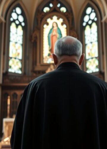 Tradycyjny kapłan modlący się przed ołtarzem w katolickim kościele Kapłan modlący się w tradycyjnym kościele katolickim, odzwierciedlający głęboki szacunek dla Tradycji i sakramentów.