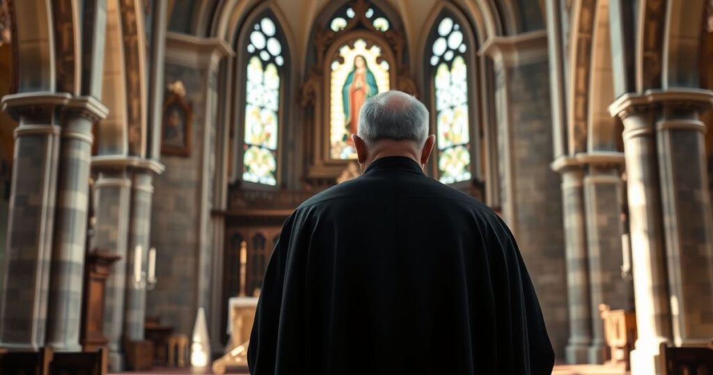 Kapłan modlący się w tradycyjnym kościele katolickim, odzwierciedlający głęboki szacunek dla Tradycji i sakramentów.