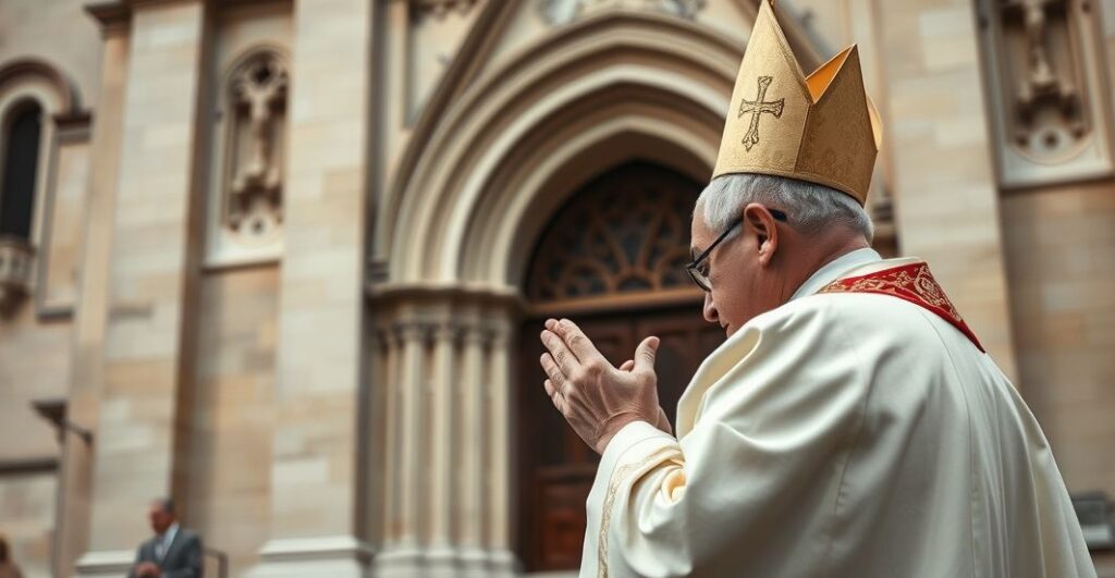 Kapłan w liturgicznych szatach modli się przed kościołem, symbolizując opór wobec nowoczesnej herezji i utraty autorytetu Kościoła