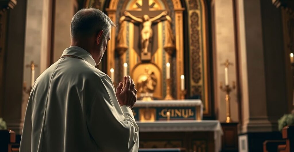 Kapłan w tradycyjnym stroju modli się przy ołtarzu, symbolizując troskę o prawdziwą wiarę katolicką i sprzeciw wobec modernistycznych tendencji w Kościele