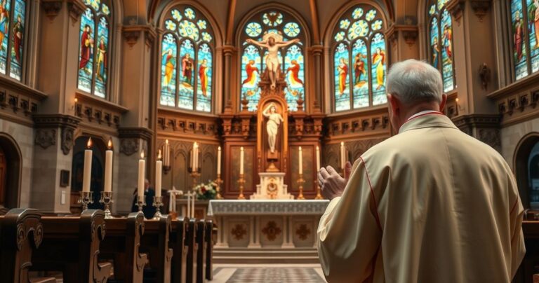 Realistyczne zdjęcie tradycyjnego wnętrza kościoła katolickiego, starszy kapłan w liturgicznych szatach modlący się przed krucyfiksem, delikatne światło przez witraże, podkreślające pobożność i wierność naukom Kościoła.