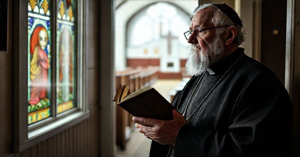 Stary ksiądz tradycyjny w kaplicy modli się o odkupienie Finlandii od modernistycznych herezji