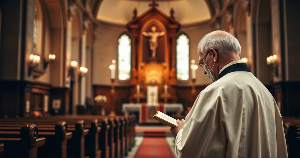 Realistyczny obraz katolickiego kapłana w liturgicznym stroju, modlącego się w tradycyjnej świątyni, symbolizujący wierność doktrynie i sprzeciw wobec nowoczesnych herezji
