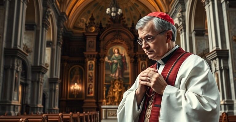 Kapłan w tradycyjnych szatach modlący się z różańcem w katolickiej świątyni, podkreślając powagę i dewocję