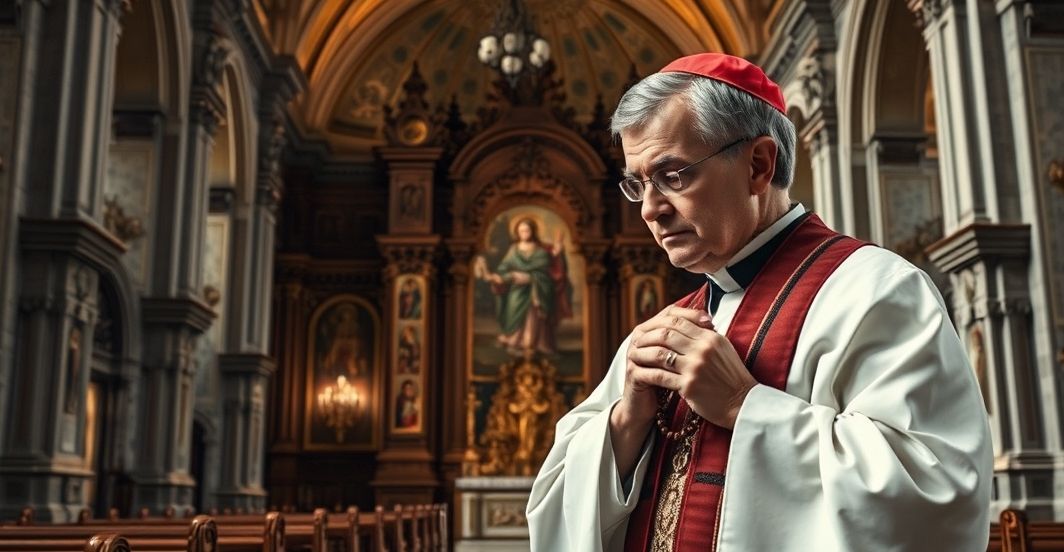 Tradycyjny katolicki kapłan modlący się z różańcem w świątyni Kapłan w tradycyjnych szatach modlący się z różańcem w katolickiej świątyni, podkreślając powagę i dewocję