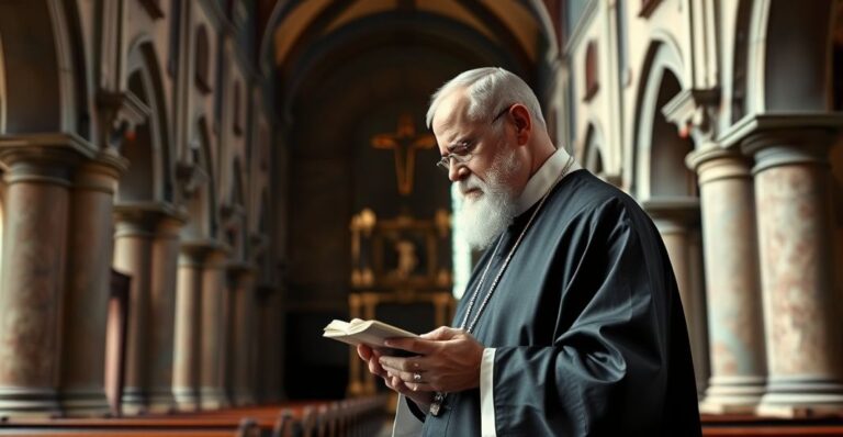 Tradycyjny katolicki kapłan modlący się w starej, klasycznej świątyni, symbolizujący wierność naukom Kościoła przeciw nowoczesnym herezjom