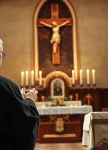 Tradycyjny katolicki ksiądz odprawiający Mszę w pełni szacunku Rekreacja tradycyjnego katolickiego księdza odprawiającego Mszę w starej, pełnej szacunku kaplicy, odzwierciedlającą wierność starożytnym liturgiom i nauczaniu Kościoła, bez nowoczesnych elementów.