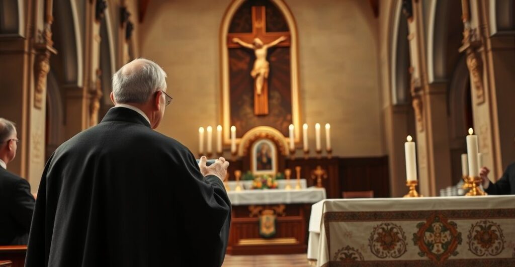 Rekreacja tradycyjnego katolickiego księdza odprawiającego Mszę w starej, pełnej szacunku kaplicy, odzwierciedlającą wierność starożytnym liturgiom i nauczaniu Kościoła, bez nowoczesnych elementów.