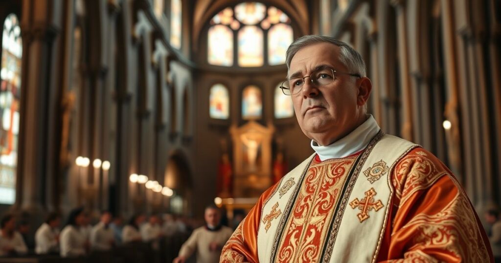 Tradycyjny katolicki ksiądz celebrujący Mszę Świętą w historycznym kościele, symbolizujący wierną tradycję i duchową powagę