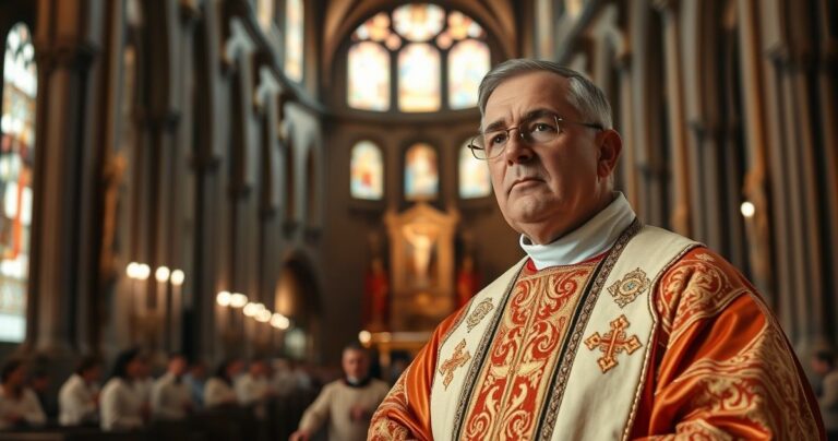 Tradycyjny katolicki ksiądz celebrujący Mszę Świętą w historycznym kościele, symbolizujący wierną tradycję i duchową powagę