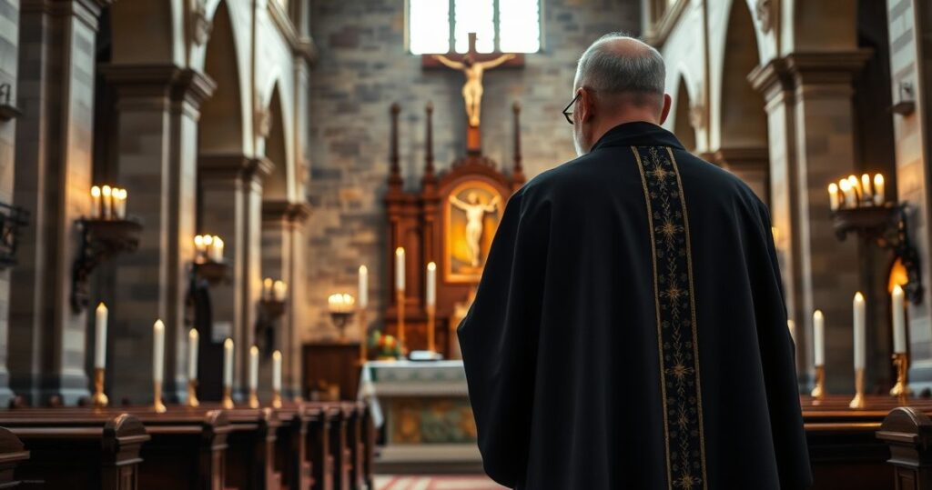 Zdjęcie realistycznego kapłana w tradycyjnym stroju katolickim odprawiającego Mszę w historycznym kościele, ukazujące głębokie skupienie i pobożność, symboliczne dla katolickiej tradycji i wierności nauce Kościoła.