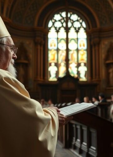 Tradycyjny katolicki kapłan odprawiający Mszę w świątyni Realistyczne, pełne szacunku zdjęcie starszego kapłana odprawiającego Mszę w tradycyjnej katolickiej świątyni, ukazujące głęboką pobożność i sakralny charakter liturgii.