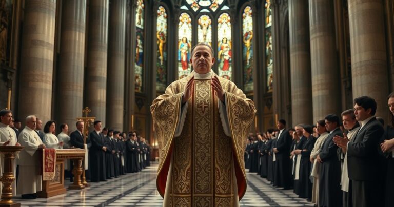 Fotografia realistyczna kapłana w tradycyjnej liturgii katolickiej podczas Mszy świętej, ukazująca głęboki szacunek i ortodoksyjną pobożność.