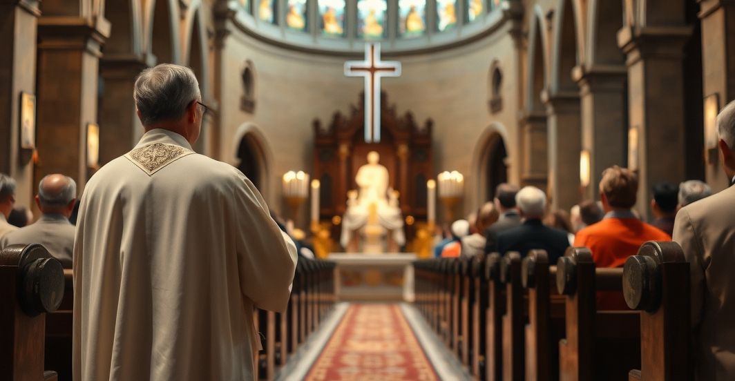 Rekreacja tradycyjnego katolickiego księdza odprawiającego Mszę w starej, pełnej szacunku kaplicy, odzwierciedlającą wierność starożytnym liturgiom i nauczaniu Kościoła, bez nowoczesnych elementów.