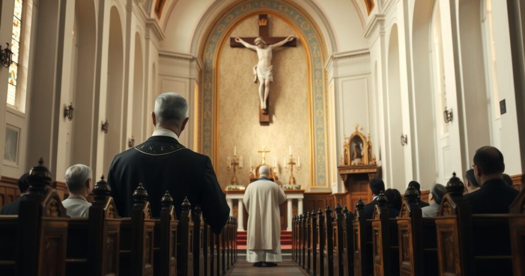 Realistyczne zdjęcie kapłana w tradycyjnym stroju katolickim modlącego się przed krucyfiksem w kościele, symbolizujące prawdziwą wiarę katolicką i czystość liturgii.