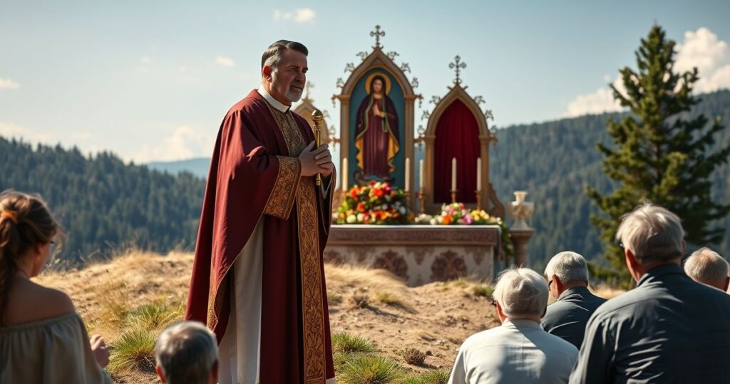 Realistyczny obraz tradycyjnego kapłana podczas pielgrzymki, modlącego się przed obrazem Matki Bożej Częstochowskiej, wyrażający głęboki szacunek i pobożność, ukazujący autentyczne katolickie nabożeństwo w duchu tradycji.