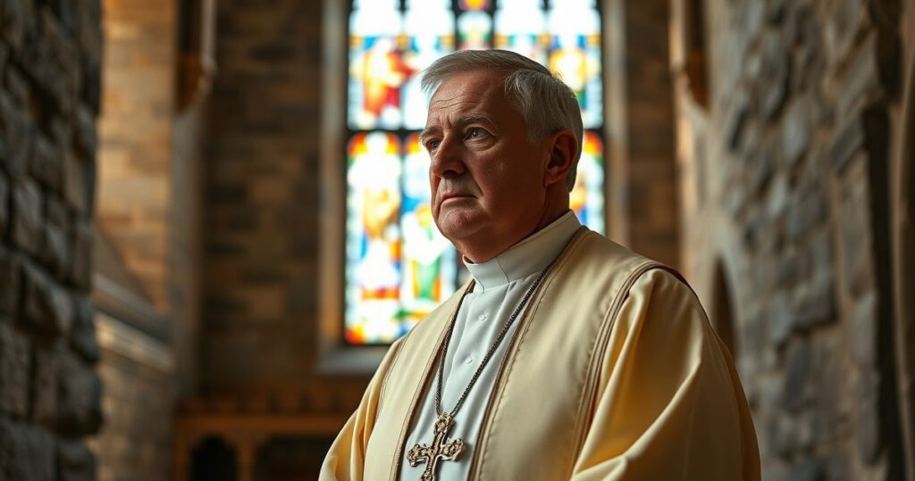 Tradycyjny katolicki ksiądz w pełnych szatach liturgicznych w starej kamiennej świątyni, oświetlony naturalnym światłem z witraży, wyrażający powagę powołania kapłańskiego