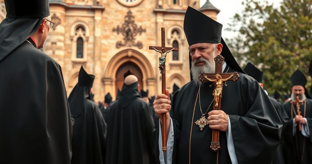Realistyczne zdjęcie katolickiego kapłana w tradycyjnych szatach podczas procesji, symbolizujące odrzucenie modernistycznych nadużyć i apostazji w Kościele
