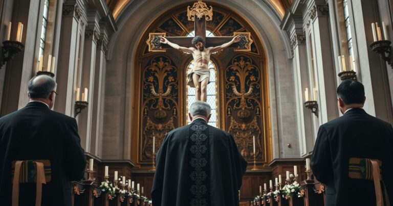 Ksiądz w tradycyjnej sutannie przed krucyfiksem w kościele, symbolizujący odwagę wobec nowoczesnych nadużyć w Kościele katolickim