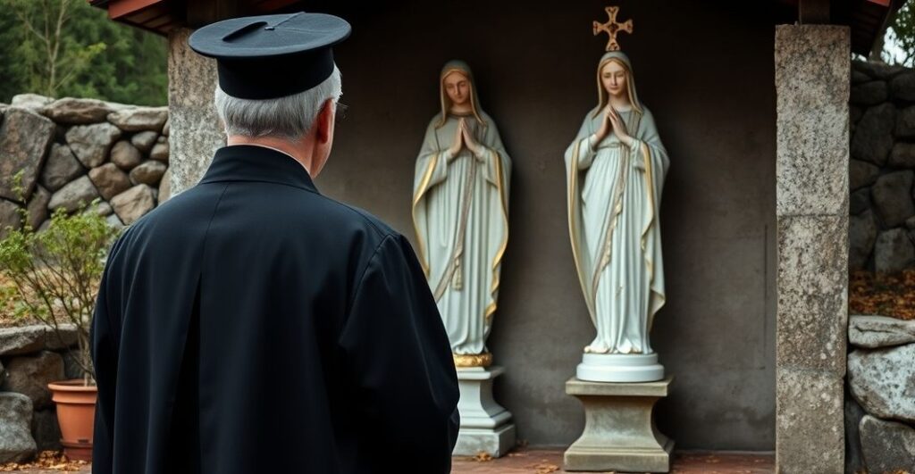 Fotografia realistyczna kapłana katolickiego przed skromną figurą Matki Bożej, symbolizująca autentyczną wiarę katolicką i krytykę modernistycznych praktyk religijnych