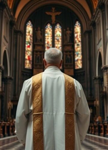 Tradycyjny katolicki kapłan przed ołtarzem w historycznym kościele Kapłan katolicki w tradycyjnym stroju przed ołtarzem, symbolizujący powagę i wierność tradycyjnej wierze katolickiej, z poważnym wyrazem twarzy i w tle historyczny kościół