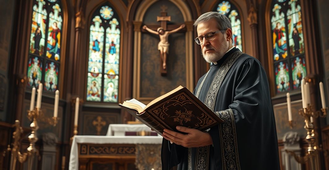 Kapłan katolicki w tradycyjnym stroju przed ołtarzem, symbolizujący powagę i wierność tradycyjnej wierze katolickiej, z poważnym wyrazem twarzy i w tle historyczny kościół