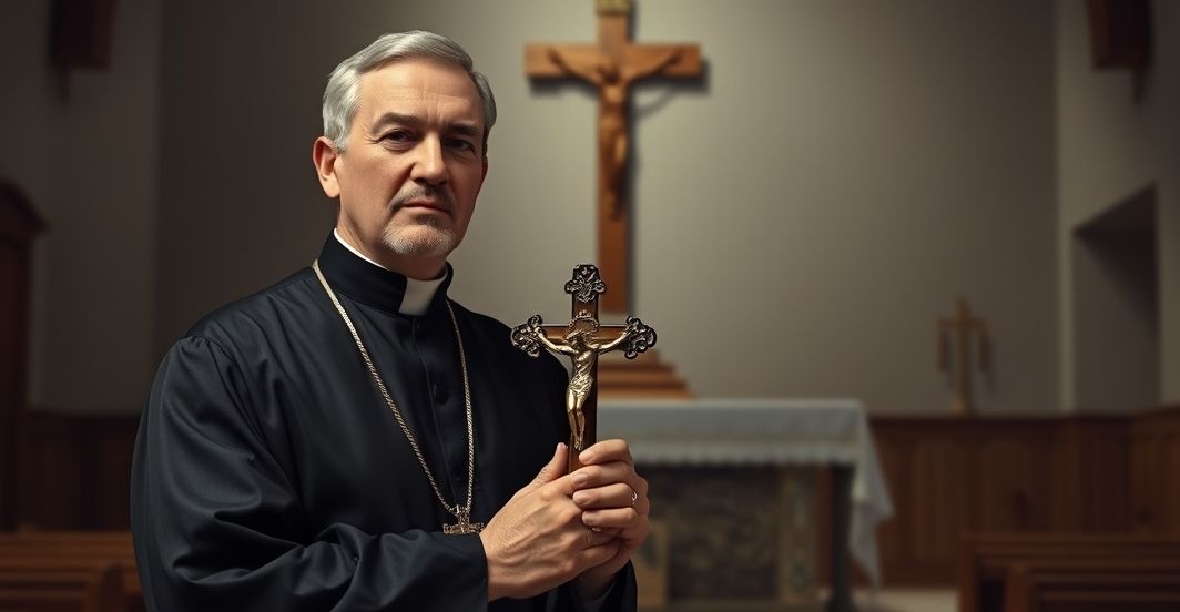 Tradycyjny katolicki kapłan w czarnej sutannie z krucyfiksem przed ołtarzem, wyraz powagi i wierności doktrynie, w realistycznym, pełnym szacunku ujęciu