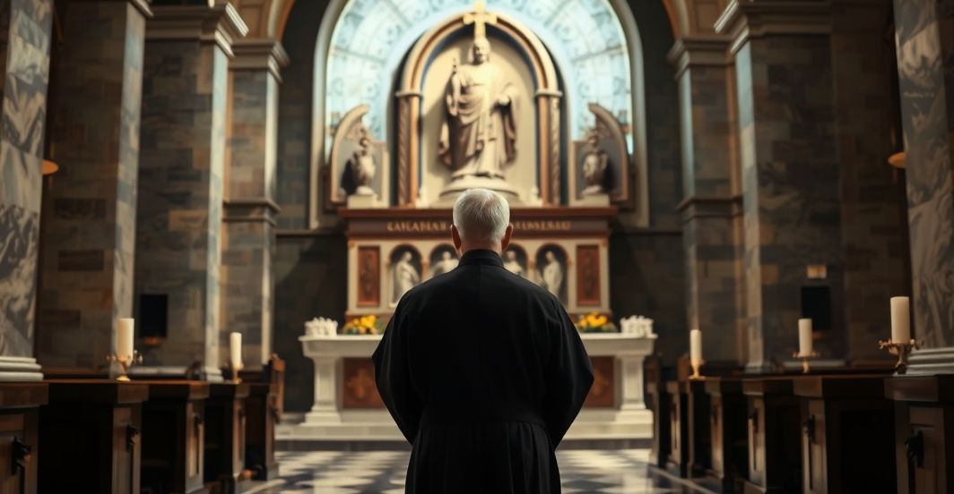 Zdjęcie realistyczne kapłana w sutannie przed grobem ojca Pio, ukazujące powagę i wierność tradycji katolickiej